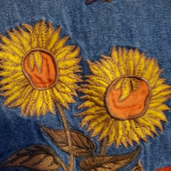 Vintage 90s Cottagecore Sunflower Fall Autumnal Denim A Line Maxi Dress - Picture 6 of 15